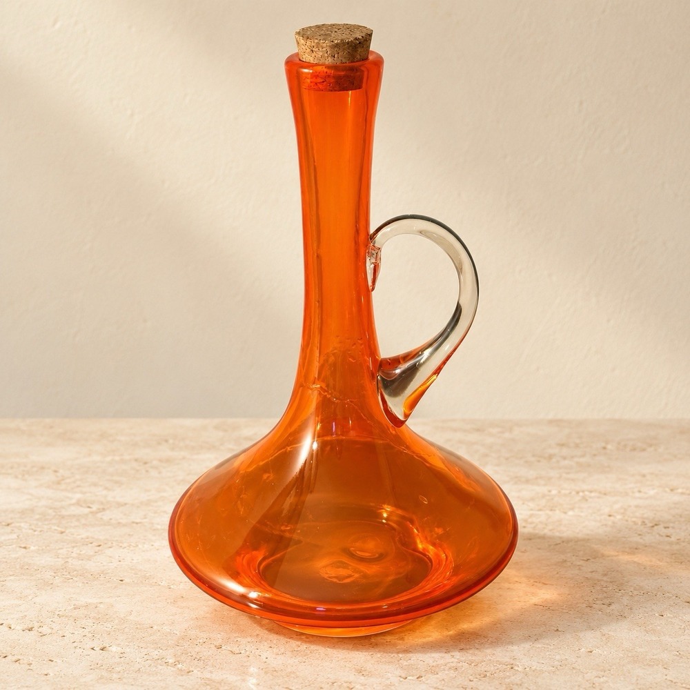 MCM Hand Blown Orange Art Glass Decanter Applied Handle Cork Pontil Vintage